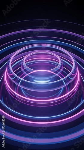 Glowing concentric circles in shades of blue and pink on a dark background