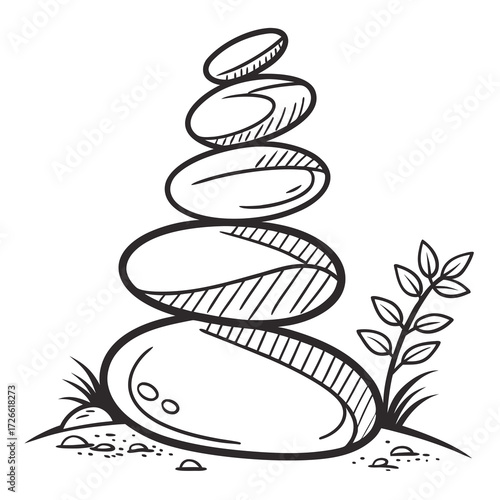 Zen Garden Stones and Delicate Plant Growth Art