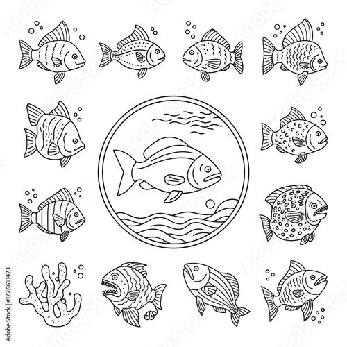 Set of hand-drawn fish icons in a simple doodle line art style. Collection of aquatic animal illustrations for design