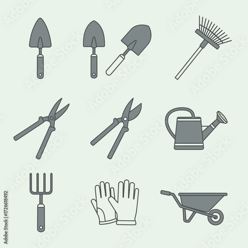Vector illustration collection of essential gardening equipment, including a shovel, rake, shears, and watering can for hobbyists