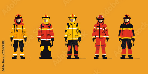 Diverse Group of Firefighters in Colorful Uniforms Standing Together Against an Orange Background Representing Courage and Professionalism in Emergency Response. Vector Illustration 
