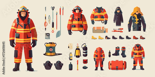 Firefighter In Action With Comprehensive Safety Gear And Equipment For Emergency Rescues Including Protective Clothing And Tools Arranged Neatly On A Light Background. Vector Illustration 