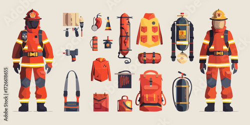 Vector Illustration of Firefighter Gear and Equipment Featuring Various Tools and Uniforms for Emergency Response and Rescue Operations in a Colorful Pixel Art Design