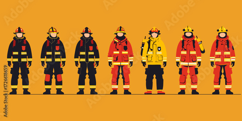 Diverse Firefighter Uniforms Displayed Against A Vibrant Orange Background Vector Illustrating Emergency Response Gear in Various Colors and Styles