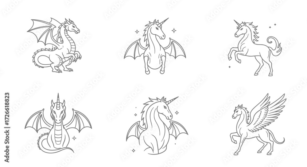Fototapeta premium Fantasy Creatures Collection of Mythical Beasts and Unicorn Designs for Enchanting Projects