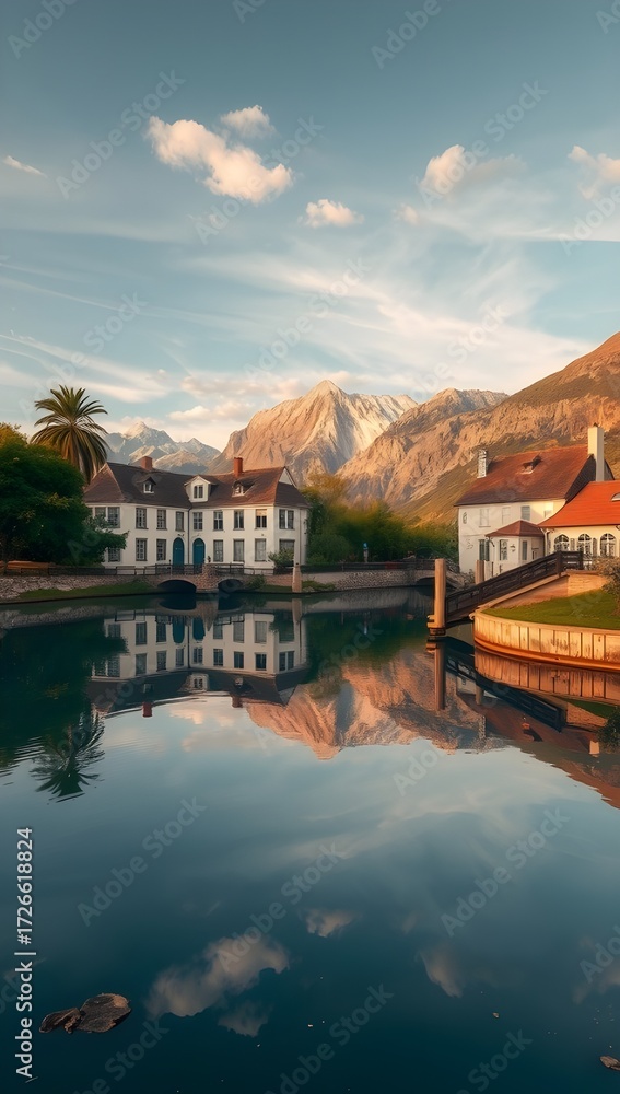 Naklejka premium Peaceful Village Beside Mountain Lake