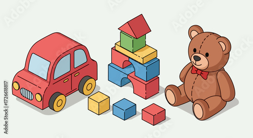An isometric illustration of a classic children's toy collection with a teddy bear, red car, and colorful building blocks