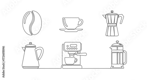 A continuous line art collection of minimalist icons depicting coffee brewing equipment from bean to cup, including various brewers and a cup