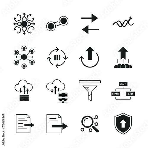 Vector icon set illustrating intelligent data flow, process automation, and technology workflow optimization