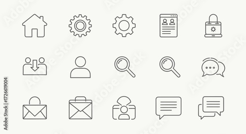 A comprehensive set of thin line icons for modern user interface design, symbolizing digital communication, security, profile management, and system connectivity
