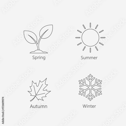 A simple line art icon set illustrating the four seasons of the year. Includes symbols for spring, summer, autumn, and winter representing the natural cycle