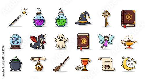 Vibrant vector pack of magical and fairytale elements, including mystical artifacts, mythical creatures, and sorcery tools