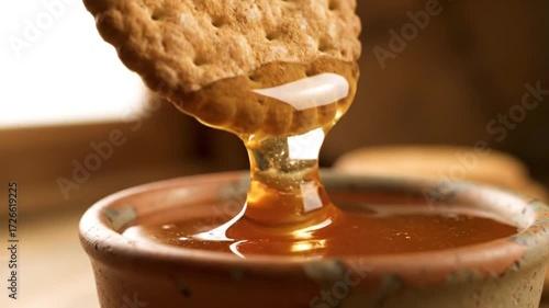 Biscuit Dipped in Honey: Sweet Treat Close-Up