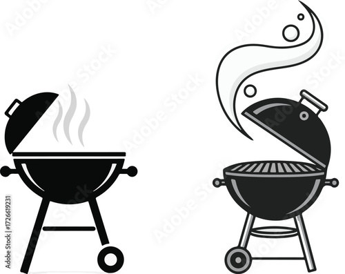 Two Barbecue Grills with Smoke Icons on White Background