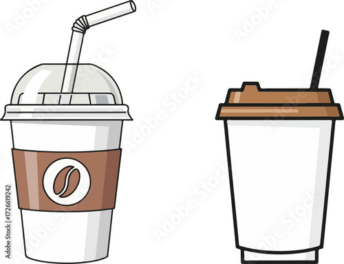 Vector Illustration of Two Stylized Disposable Coffee Cups, One for Hot Drinks and One for Cold Beverages, with Lids and Straw