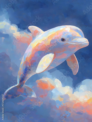 Pastel dolphin swimming through dreamy clouds