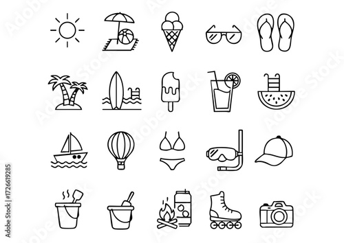 Summer Vibes: Black & White Vector Icons, Beach Bound: Monochrome Summer Icon Set, Sun & Sand: Thick Outline Icons Collection