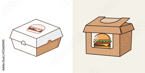 Minimalist Vector Illustration of Two Distinct Burger Takeaway Box Designs