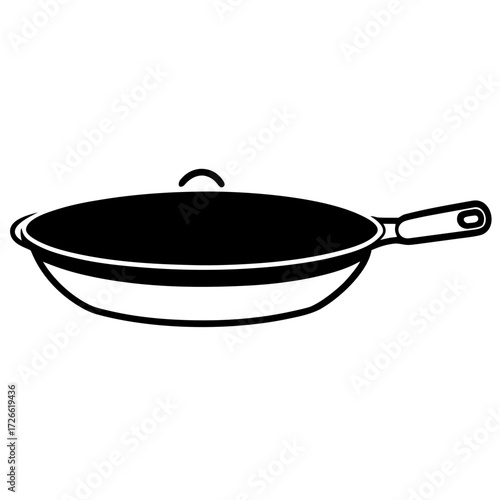 Black silhouette of a cooking wok with a lid and handle isolated on white background