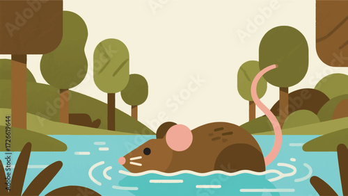 Illustration Of A Mouse Swimming In A River With Lush Trees Vector Design Template