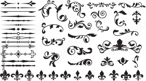 Flourishing decorative elements for retro design. Ornaments in the form of patterns, swirls, and flourishes. Vintage borders, frames, and patterns for invitations and certificates. A vector set.