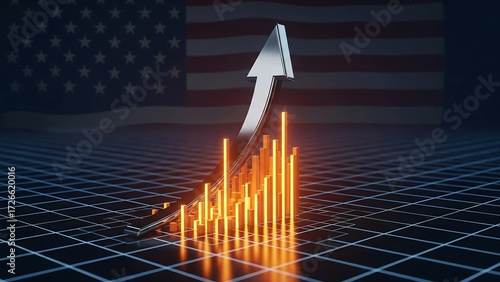 A bold silver arrow charting sharp growth over glowing orange bar graphs with a prominent US flag. Represents financial success, powerful economic recovery, and strong market trend.