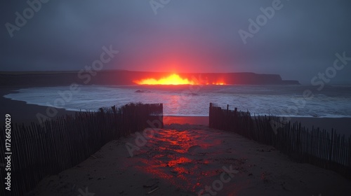 Fiery sunset over a beach, a dark wooden fence leading to the ocean