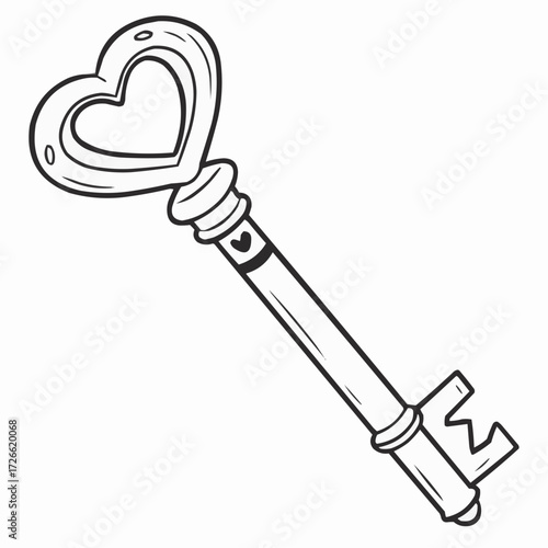 Heart-shaped key, symbolizing love and unlockable potential, hand-drawn illustration, copy space