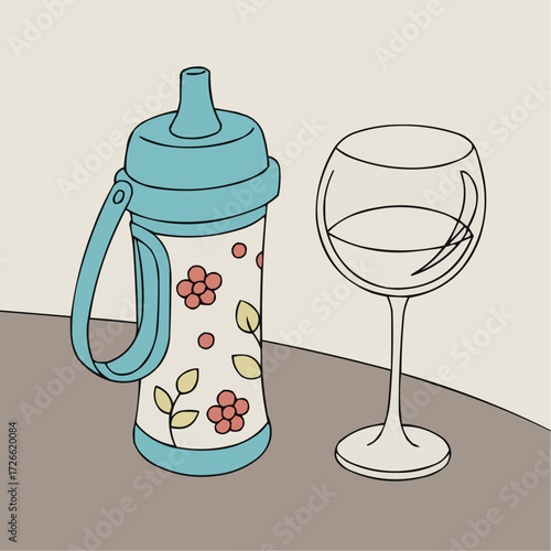 Child's sippy cup and a wine glass, symbolizing the contrast between childhood and adulthood, hand-drawn illustration, copy space