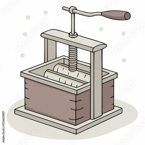 Traditional wooden fruit press, symbolizing artisan craft and homemade juice production, hand-drawn illustration, copy space