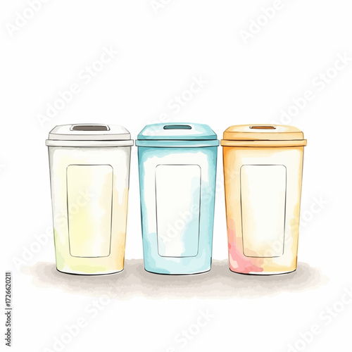 Three colorful waste bins, representing recycling and waste separation, digital illustration, copy space