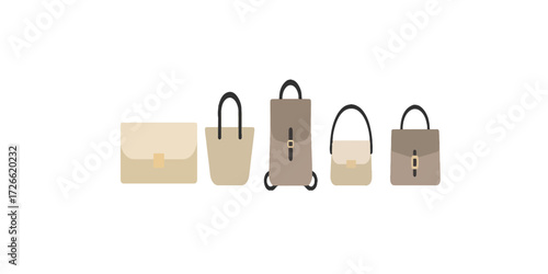 Print   Flat vector illustration of trendy handbags – clutch, tote, backpack, crossbody, satchel – minimal stylish icons on white background