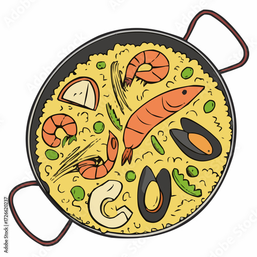 Colorful paella with seafood and vegetables, representing culinary art and delicious dining, hand-drawn illustration, copy space