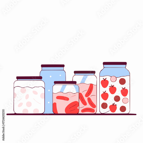 Assorted jars filled with colorful preserved foods, representing homemade delicacies and culinary creativity, flat design illustration, copy space