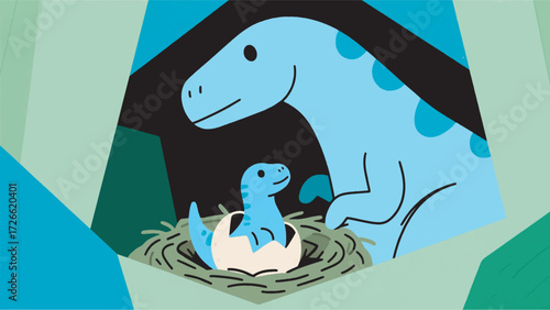 Illustration Of A Newly Hatched Baby Dinosaur With Its Nest And Mother In The Background Vector Design Template