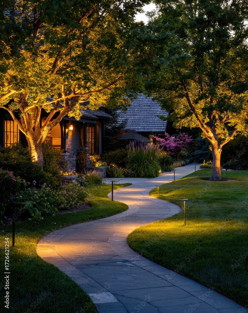 Obraz premium A winding pathway through a landscaped garden glows with warm outdoor lighting at dusk.