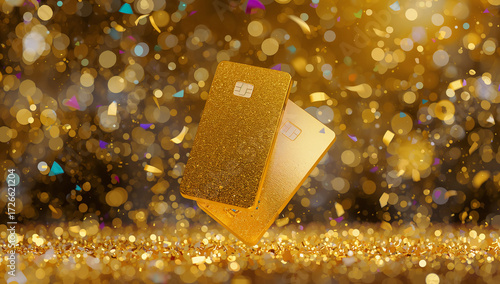 フェスティブな金色ボケとシャープな金属質感の対比でボーナスやキャッシュバックの価値を直感的に伝える広告特化素材.生成AI