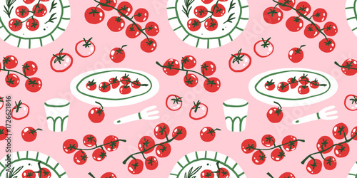 Tomato summer mediterranean seamless pattern vector illustration. Hand drawn doodle fresh farm vegetable dinner food design.