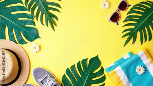 Summer essentials flat lay on a bright yellow background