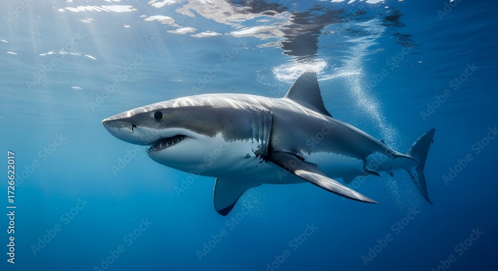Naklejka premium Powerful White Shark Swimming in Deep Blue Underwater Ocean with Sun Rays