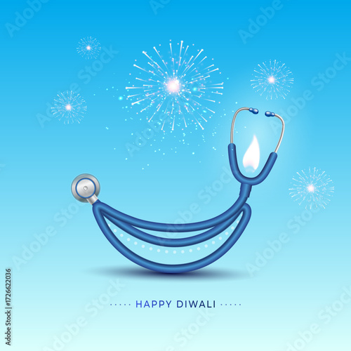 Happy Diwali festive poster concept. Happy and healthy wishes creative design with medical stethoscope, lights and fireworks background.