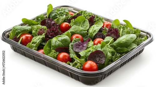 Fresh mixed greens salad in black container