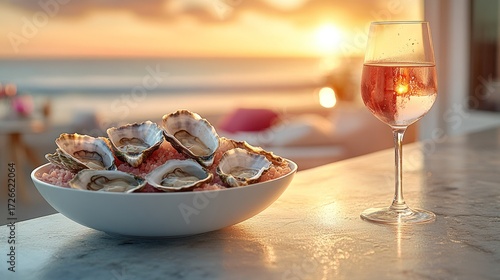Fresh oysters and ros? wine at sunset