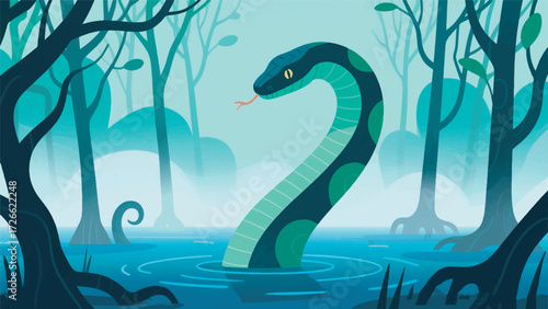 Illustration Of A Giant Anaconda Emerging From A Swamp With Mangrove Trees And Fog Vector Design Template
