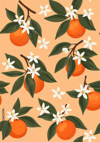 Vibrant Orange Blossom Pattern A Seamless Design for Fresh and Fruity Aesthetic Appeal