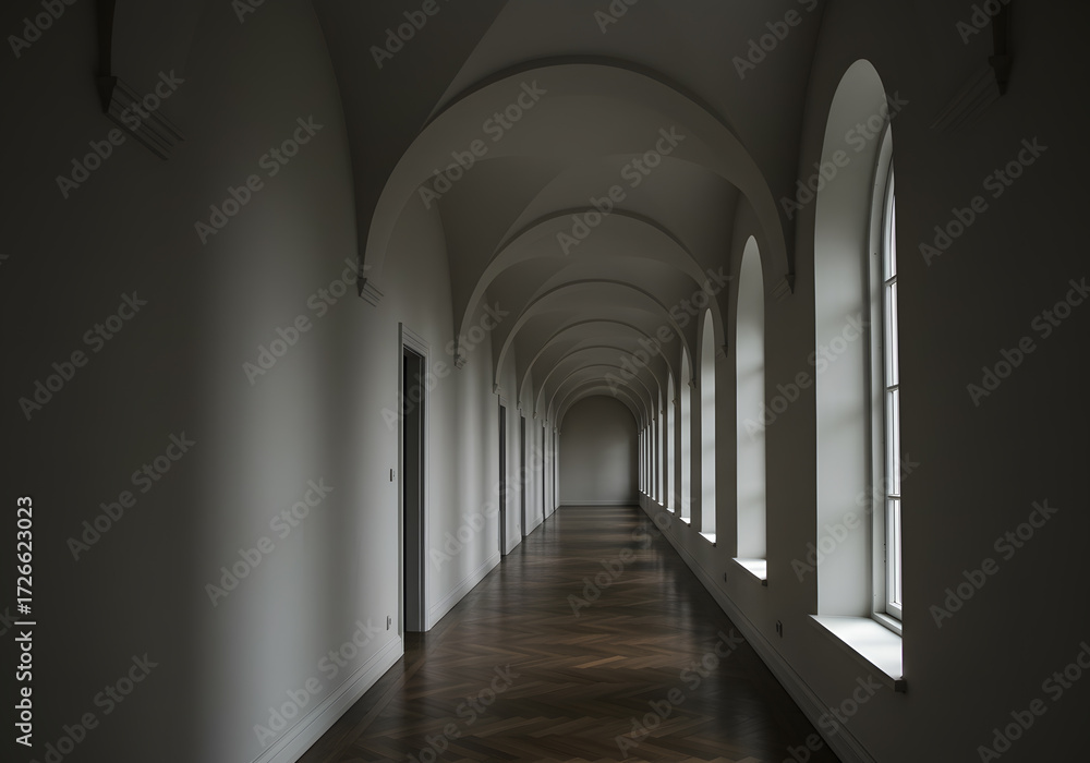 Obraz premium Long hallway interior architecture with arched ceiling, windows, and wooden floor. Light and shadow perspective.