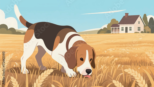 Illustration Of A Beagle Sniffing The Ground In A Wheat Field Vector Design Template
