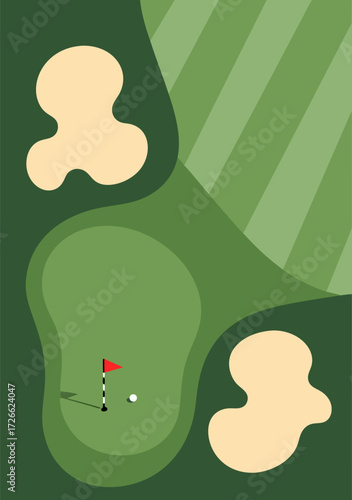 A challenging golf course hole shown from an aerial perspective with sand bunkers guarding the green, a minimalist sports vector illustration
