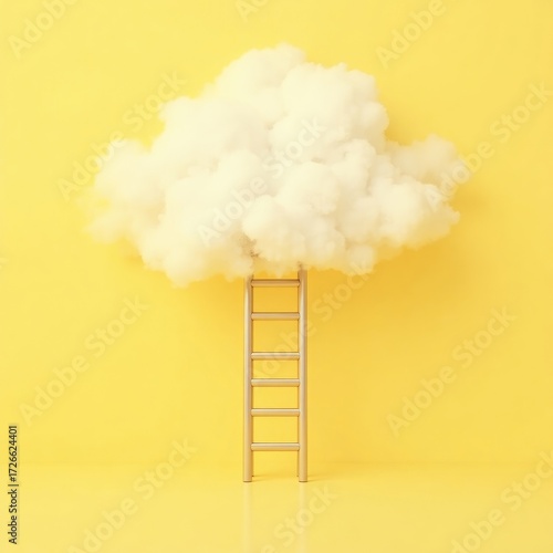 Ladder Leading to Fluffy Cloud Against Yellow Background