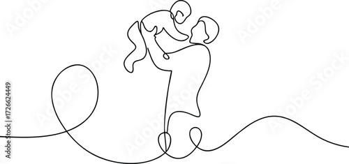 Single line drawing of parent holding baby child